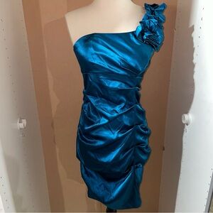 Juno One-Shoulder Teal Cocktail Dress with Ruching